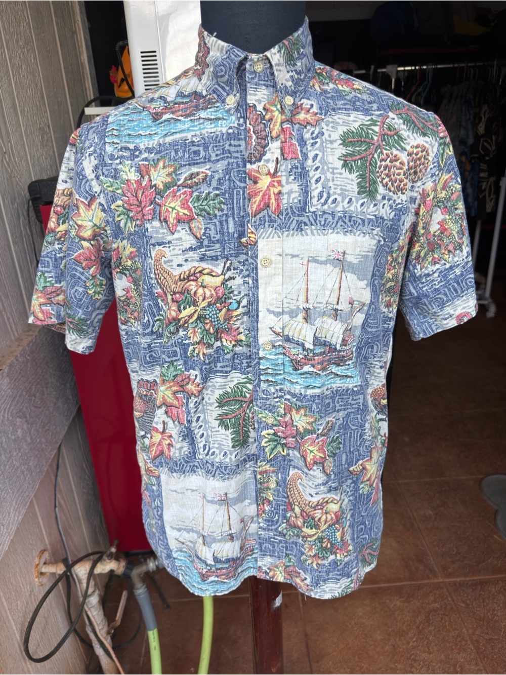 Rare Reyn Spooner Thanksgiving Turkey Pilgrims Ships Cornucopia Shirt Men's S